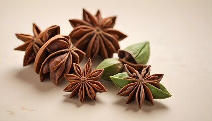 Beautiful star anise pods with fresh green leaves create a lovely, natural composition.