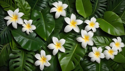 A beautiful overhead view displaying elegant white plumeria flowers on top of lush, green leaves.