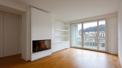 Fototapeta premium Bright Living Room with Empty White Wall, Simple Furniture, Natural Window Light, Clean Minimalist Design