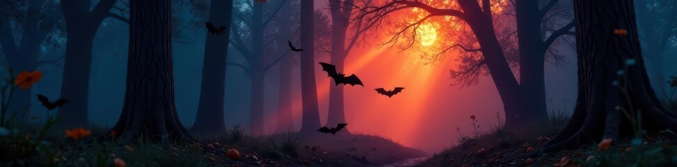 Fototapeta premium Dark forest, firelight, bats, smoke, Halloween magic , celebration, dark, design