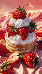 Vibrant 3D illustration of sweet strawberries on buttery pound cake with whipped cream. Sharp, high-res 4K-8K pop art style, perfect for digital & print designs.