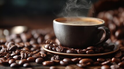 Close-up of Espresso Cup Surrounded by Coffee Beans, Rich Brown Tones, Steam Rising, Shallow Depth of Field, Dark Wooden Table Background