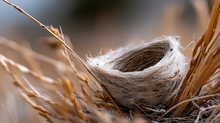 Empty bird's nest nestled among dried grasses