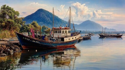Lake in Vietnam with fishing boats moored, soft morning light, tranquil vibe.