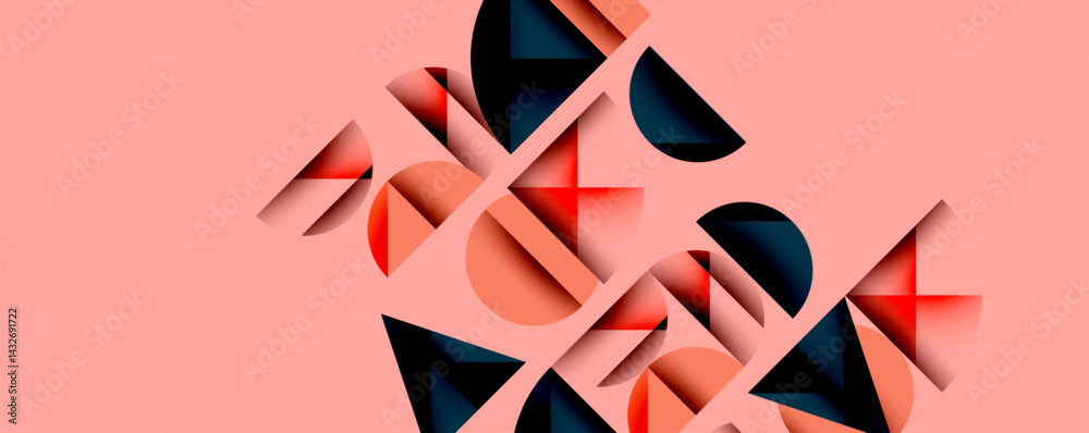 Aufkleber Abstract geometric shapes overlap, creating dynamic composition. Warm pink background contrasts with red, black elements. Modern design.