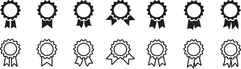 Quality certify badge icons set. Ribbon, banners vectors. Premium quality and guarantee flat, outline designs isolated on transparent background. Qualification certificate medal. Quality award signs.