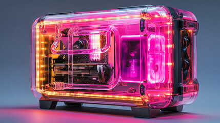 Obraz premium Futuristic liquid-cooled computer by Venturi, featuring transparent glass, black & gold accents, and neon pink-purple glow. High-tech postmodern design, studio-lit for stunning visuals