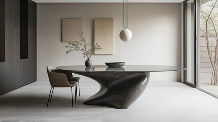 A modern kitchen and sophisticated dining room interior.	
