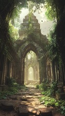 Fototapeta premium Sunlit path through overgrown ancient stone ruins.