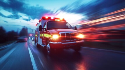 A blurred view of emergency vehicles in motion against a dark sky.