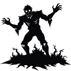 Spooky Silhouette Black and White of Walking Zombie in Forest with Trees
