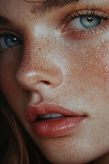 Fototapeta premium Closeup Portrait Of A Young Woman With Sparkle Makeup And Freckles Soft Lighting