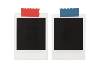 Two blank polaroid photo frames with red and blue tape, isolated on transparent background, generative ai