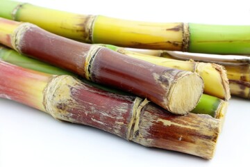 Fototapeta premium Fresh Sugarcane Stalks on White Background. Healthy Eating, Agriculture.