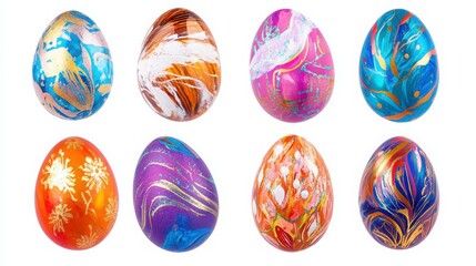 Collection Of Eight Decorated Easter Eggs With Colorful Marbled Designs And Gold Accents