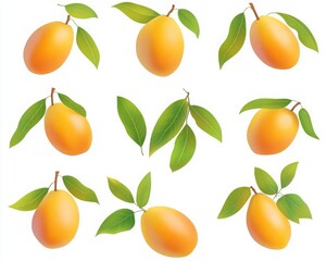 Collection Of Ripe Yellow Mangoes With Green Leaves On White Background