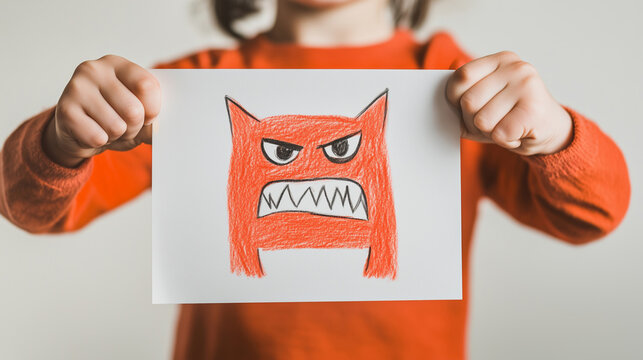 Young Caucasian child holding drawing of angry red monster on white background, concept of childhood emotions