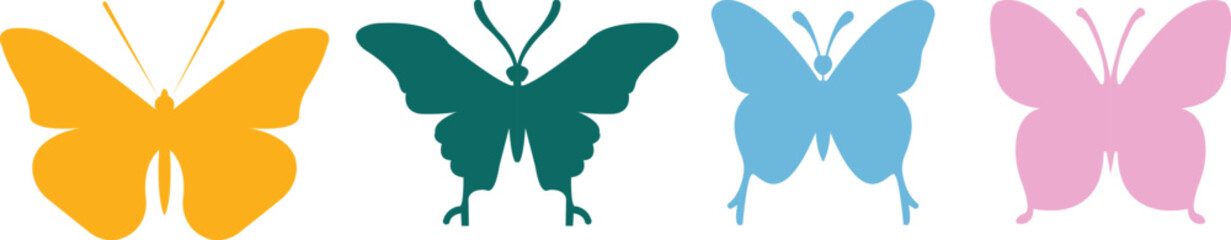 Colorful butterfly flat icons set. Butterflies romantic tattoo, tropical insects stencil. Summer and spring exotic symbol. Elegant wild flying moth of various shape isolated on transparent background.