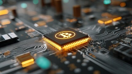 High-resolution electronic circuit board with integrated microprocessor and glowing blockchain network connections illustrating advanced cybersecurity concept