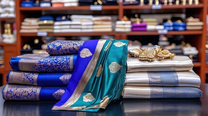 Silk sarees in bright, luxurious colors, rich textures, elegant designs.