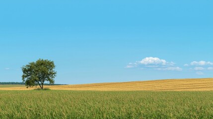 Sky above vast farmland, clear blue contrasting with golden fields.