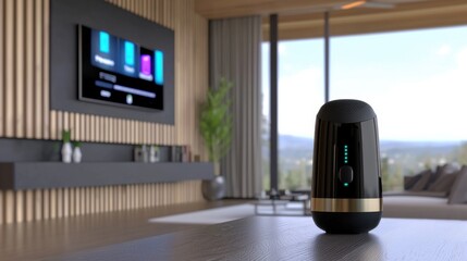 Smart home integration, voice-activated assistant controlling lights and devices, modern interior.