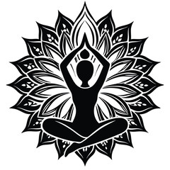 Silhouette Person Meditating On Lotus Flower With Wavy Water and Foliage Circle