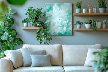 Cozy minimalist living room corner with plants and abstract painting