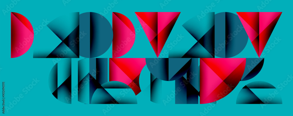 Poster Abstract geometric shapes form repeating pattern. Bold colors, pinks, blues create dynamic visual texture. Modern design.