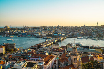 Naklejka premium Galata Bridge. Istanbul Galata Bridge, buildings and traffic taken with a drone. Wide angle aerial view at sunset. Istanbul, Turkey