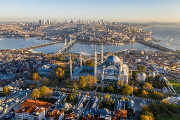 Naklejka premium Suleymaniye Mosque. Historical Suleymaniye Mosque and magnificent Bosphorus view. Panoramic view of Istanbul with the Metro and Galata Bridge.Istanbul, Turkey.