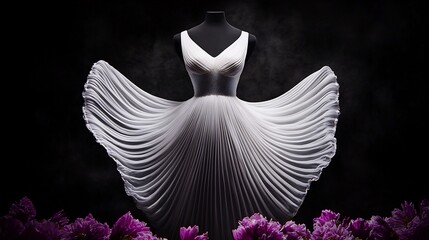 Elegant White Dress on Mannequin, with Peonies
