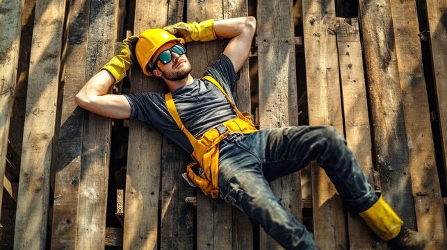 Relaxed construction worker resting on wooden planks