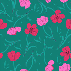 Seamless pattern with pink and red tulips on a green background. Vector graphics.