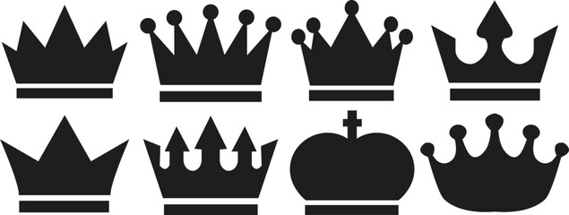 Crown medieval king royalty flat icon set. Collection logos of crowns for royal persons, king, queen and princess. Vectors perfect for royalty or leadership concept isolated on transparent background.