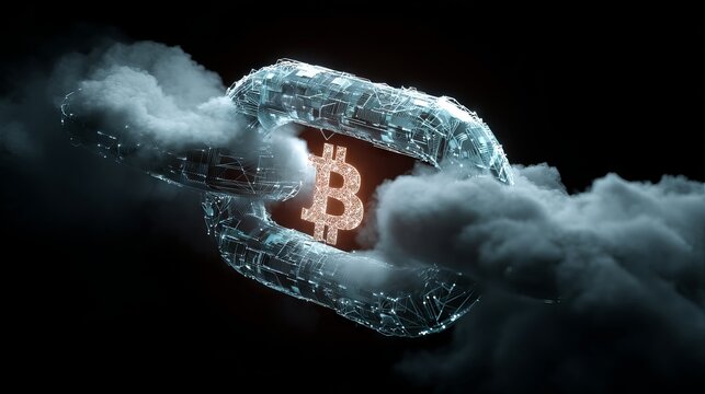 Futuristic blockchain illustration depicting decentralized finance, secure cloud fintech, AI-driven smart contracts, tokenized crypto assets, and transparent supply-chain transactions