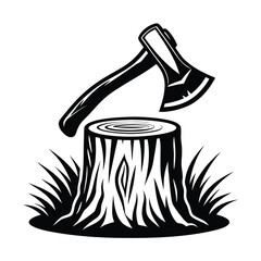 Black & White Outline of Axe Embedded in a Tree Stump with Grass