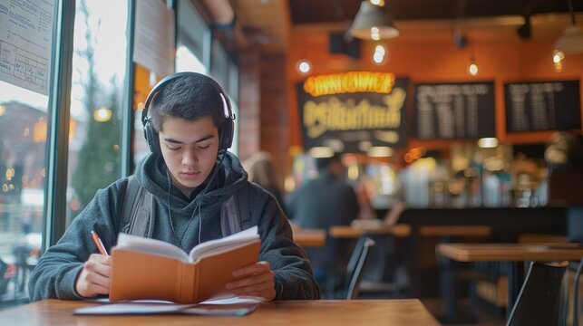A student in a coffee shop with headphones on, reading and making notes from a textbook.
