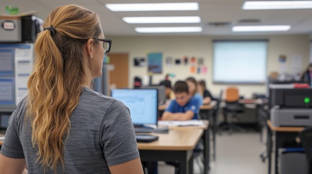A teacher observing a group of students working on a collaborative project in a tech classroom.