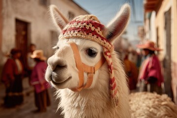 Obraz premium Close-up portrait of a white llama with crocheted hat and South American town background