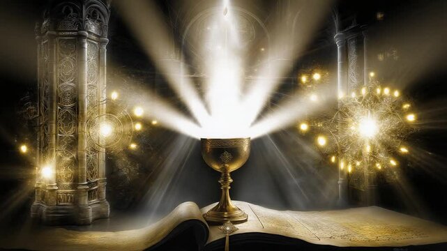 Delve into the captivating lore of the holy grail, surrounded by ethereal light and intricate architecture, as ancient stories intertwine in a mystical atmosphere full of wonder