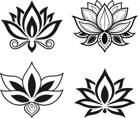 Black Silhouette Lotus Flower Designs for Tattoos and Yoga Logos. Unique Symmetrical Lotus Flower Art in Black Silhouette Style. Minimal Lotus Flower Silhouettes with Ornamental Petal Designs