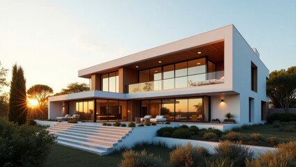 Fototapeta premium Stunning modern house exterior in spain featuring elegant architecture and inviting outdoor spaces bathed in golden hour light