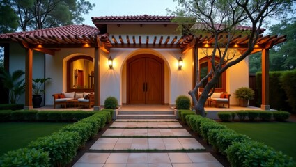 Fototapeta premium Delightful modern bohemian style house exterior surrounded by tropical garden elements offering a peaceful and inviting atmosphere for relaxation
