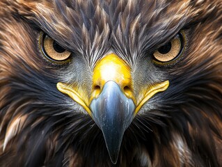 An extreme macro close-up of a golden eagles face, highlighting its fierce, golden-brown eyes with razor-sharp focus © shooreeq