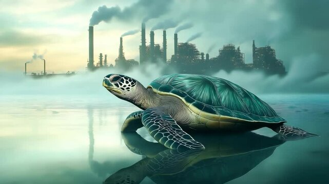 Sea turtle on the background of an industrial plant polluting the water and the atmosphere. Disease and death of reptiles and animals due to oil spills, waste and microplastics	