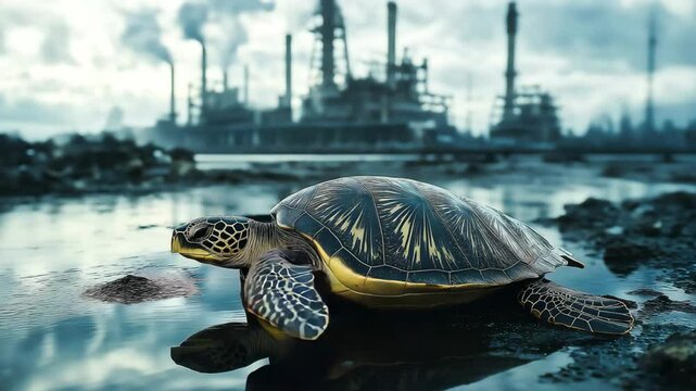 Sea turtle on the background of an industrial plant polluting the water and the atmosphere. Disease and death of reptiles and animals due to oil spills, waste and microplastics	