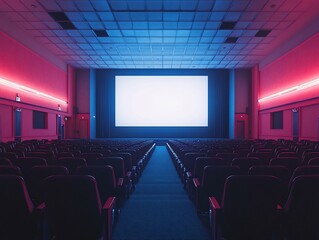 Empty movie theater with vibrant neon lighting.  Empty auditorium, ready for a film