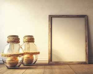 Empty Wooden Frame Mockup With Rustic Decor And Glass Vases