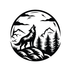 Fototapeta premium Black silhouette of a wolf howling in a forest mountain landscape inside a circle